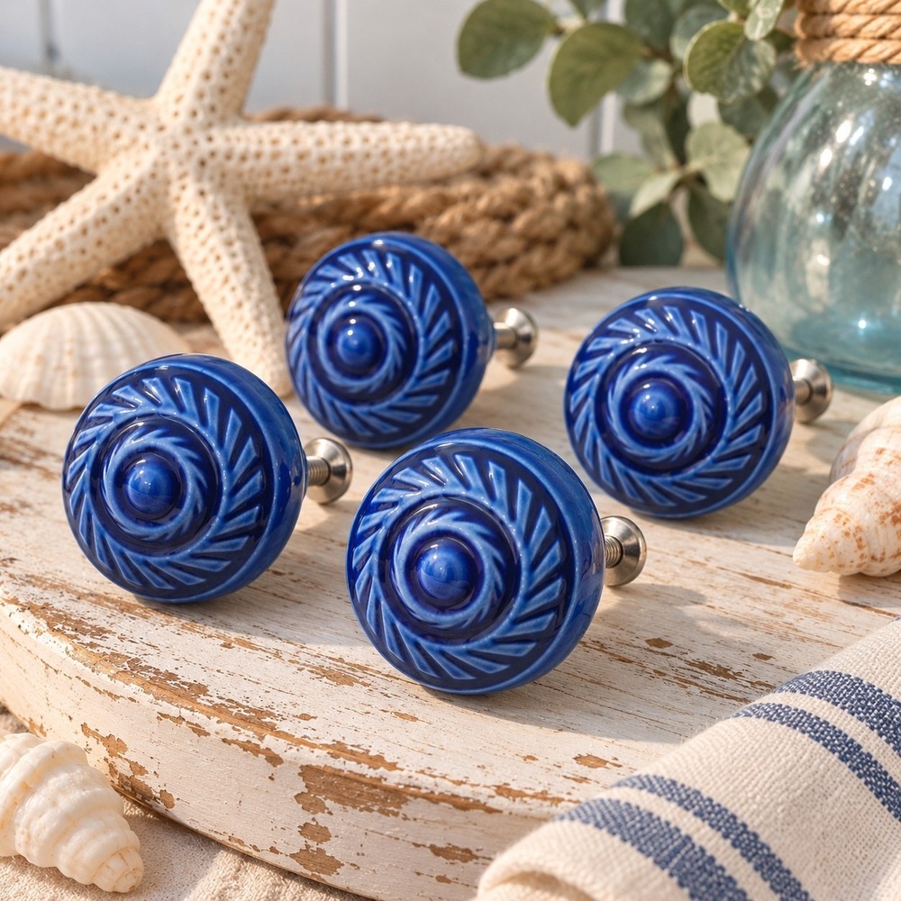 Set of 4 Cobalt Blue Ceramic Cabinet Knobs Textured Coastal Cottage Farmhouse
